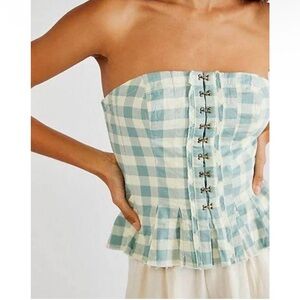 Free People Blue and light Yellow Checkered Strapless Top